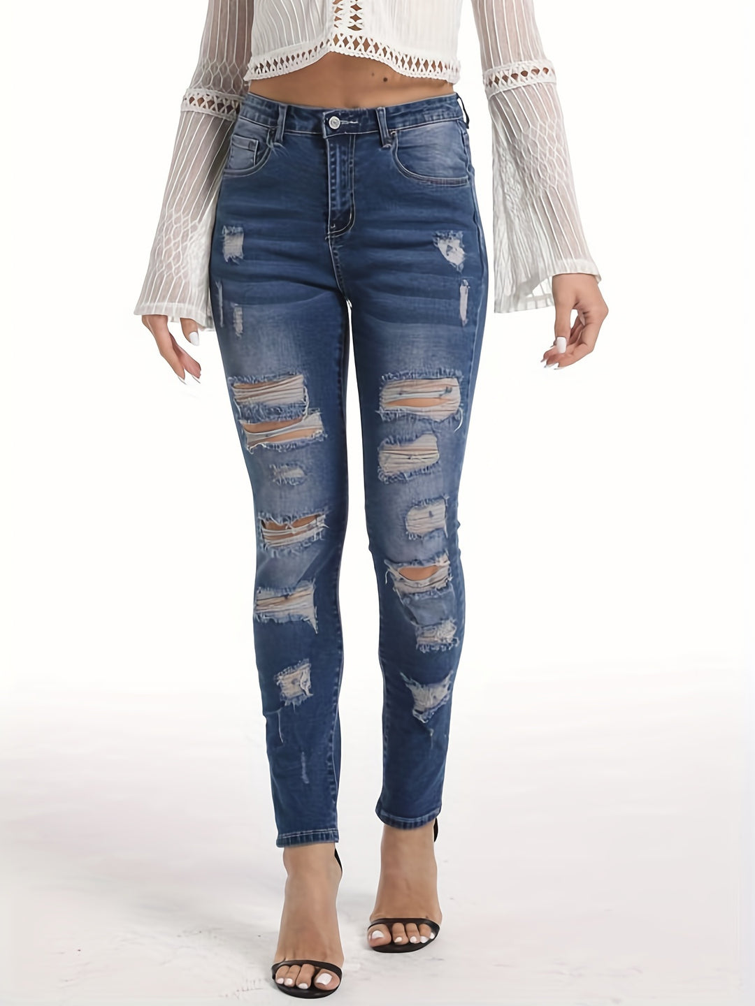 High Stretch Ripped Legs Skinny Jeans, Frayed Distressed Light Blue Denim Pants, Women's Denim & Clothing