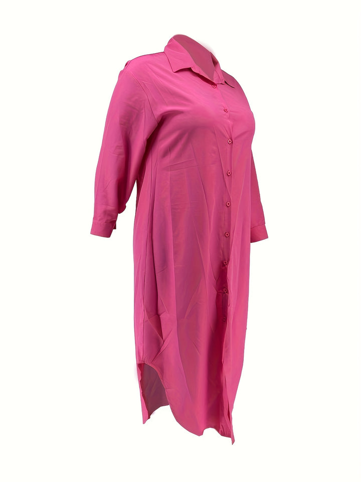 Plus Size Casual Dress, Women's Plus Solid Button Up Long Sleeve Turn Down Collar Maxi Shirt Dress