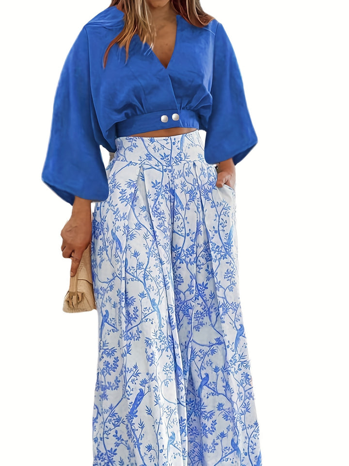 Casual Two-piece Set, Solid Surplice Neck Tops & Floral Print Wide Leg Pants Outfits, Women's Clothing