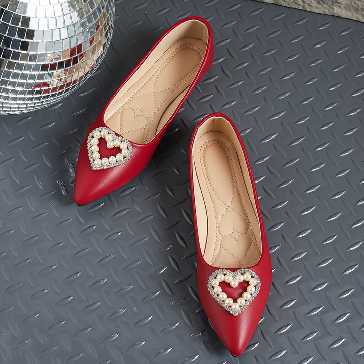 Women's Heart Decor Flat Shoes, Elegant Point Toe Slip On Shoes, Lightweight & Comfortable Valentine's Day Shoes