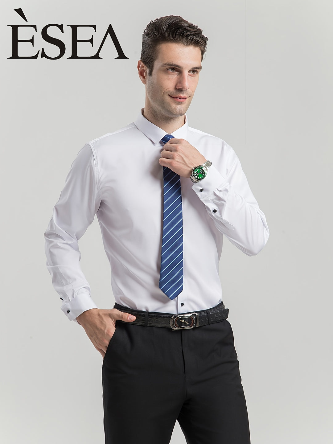 ESEA Men's Europe And The United States Dress Shirt Conventional Version Of Pure-color Non-pocket Wrinkle-free Business Casual Slim Long-sleeved Shirt Elastic Europe And The United States Plus-size Button-up Commuter Dress Shirt Jacket