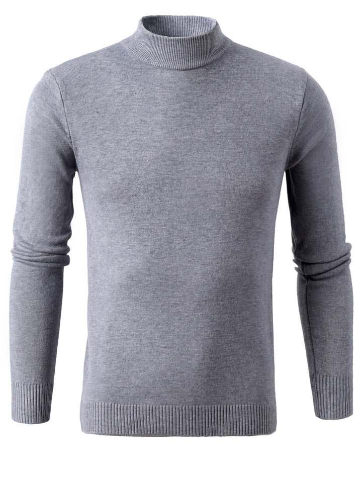 Mock Neck Knitted Slim Solid Sweater, Men's Casual Warm Solid High Stretch Pullover Sweater For Fall Winter