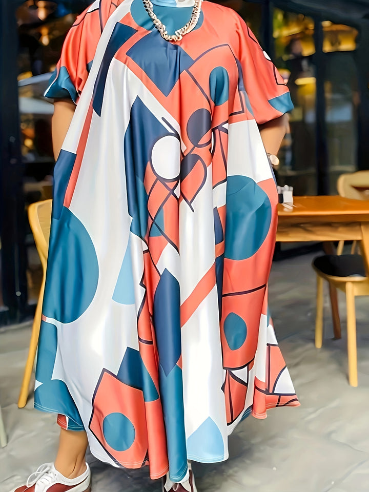 Plus Size Casual Dress, Women's Plus Colorblock Geometric Print Short Sleeve Mock Neck Slight Stretch Maxi Dress