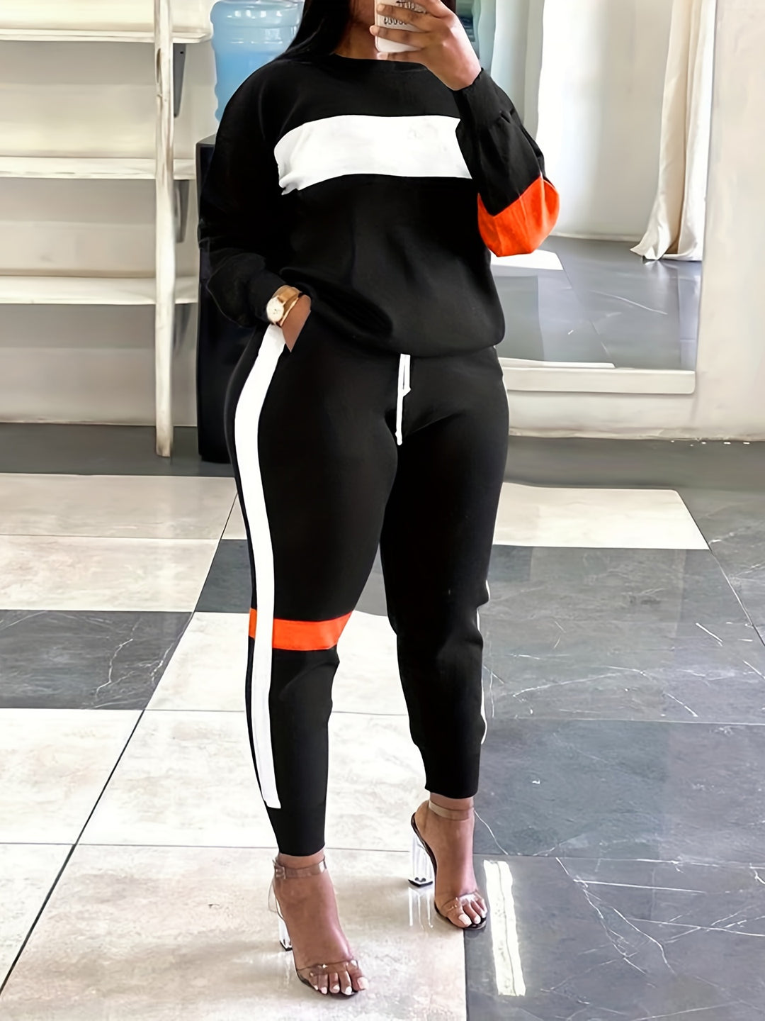 Plus Size Strip Pattern Shirt & Pants Set, Women's Casual Round Neck Slight Stretch 2pcs Set