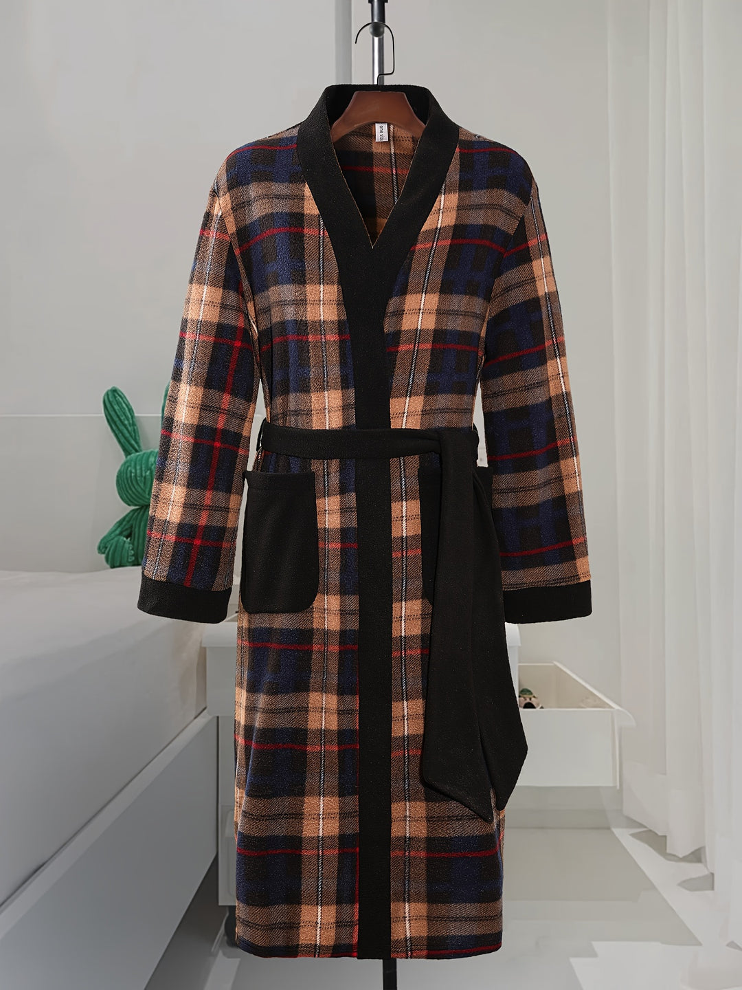 Men's Comfy Plaid Fleece Robe Home Pajamas Wear With Pocket One-piece Lace Up Kimono Night-robe Warm Sets After Bath