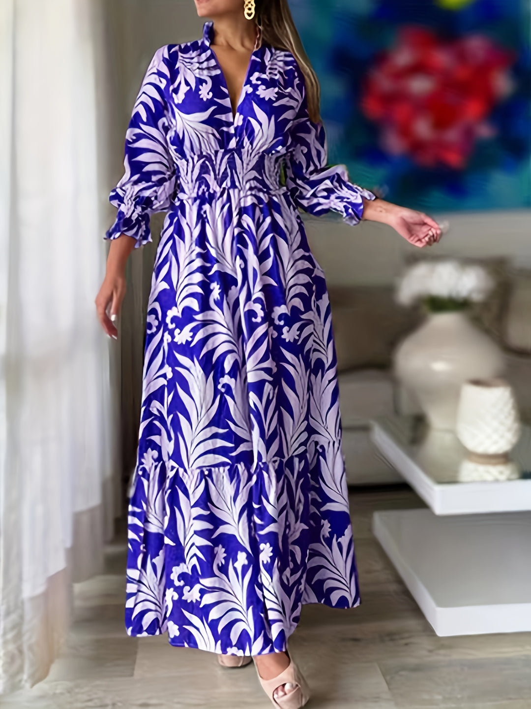 Plus Size Plant Print Dress, Elegant V Neck Shirred Waist Long Sleeve Dress, Women's Plus Size Clothing