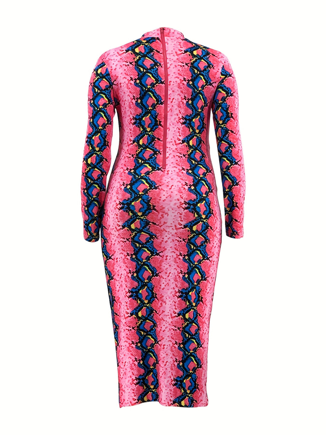 Plus Size Trendy Dress, Women's Plus Snake Print Long Sleeve Mock Neck Bodycon Midi Dress