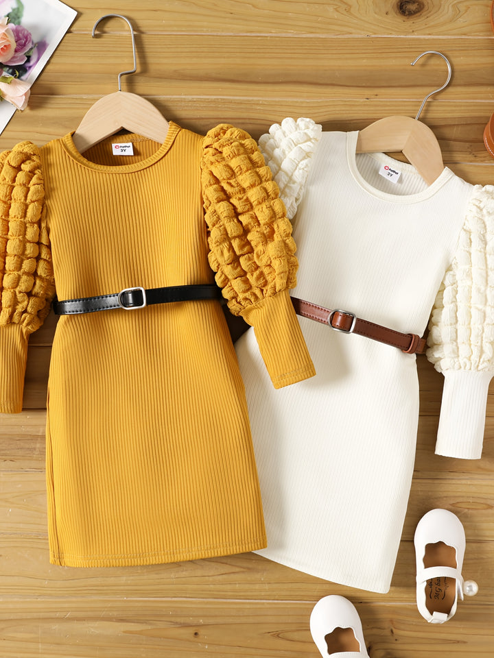 Toddler Girls Bubble Long Sleeves Gorgeous Rib Knit Tunic Dress (Belt Is Not Included)