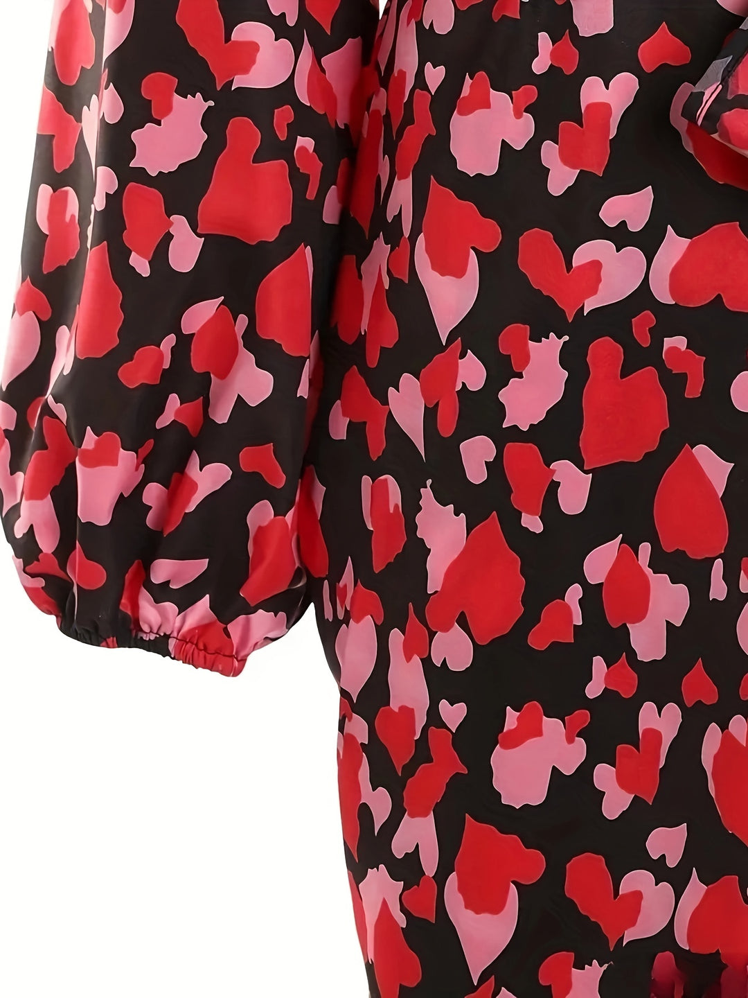 Plus Size Valentine's Day Casual Dress, Women's Plus Heart Print Lantern Sleeve Notched Neck Belted Dress