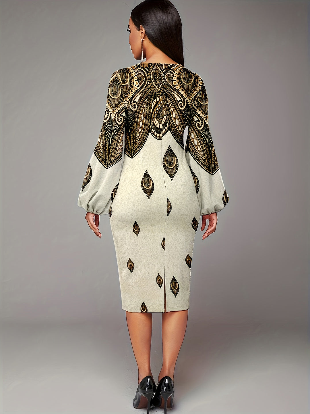 Paisley Print Lantern Long Sleeve Dress, Crew Neck Casual Every Day Dress For Spring & Fall, Women's Clothing