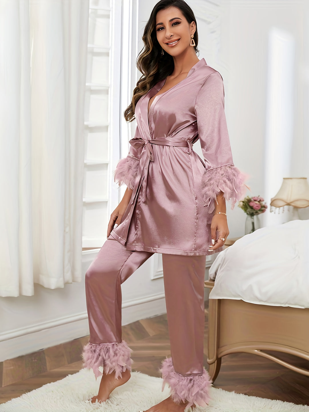 Feather Trim Satin Pajama Set, Long Sleeve Robe With Belt & Elastic Waistband Pants, Women's Sleepwear & Loungewear