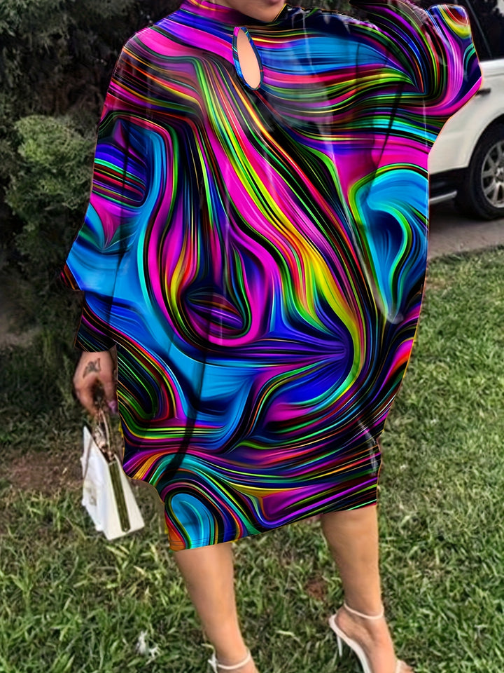 Plus Size Casual Dress, Women's Plus Abstract Stripe Print Keyhole Batwing Sleeve Round Neck Loose Fit Dress