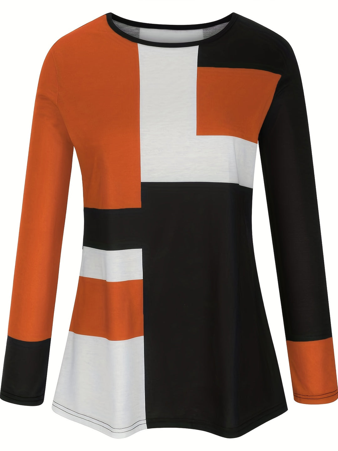 Plus Size Casual T-shirt, Women's Plus Colorblock Long Sleeve Round Neck Medium Stretch Tee