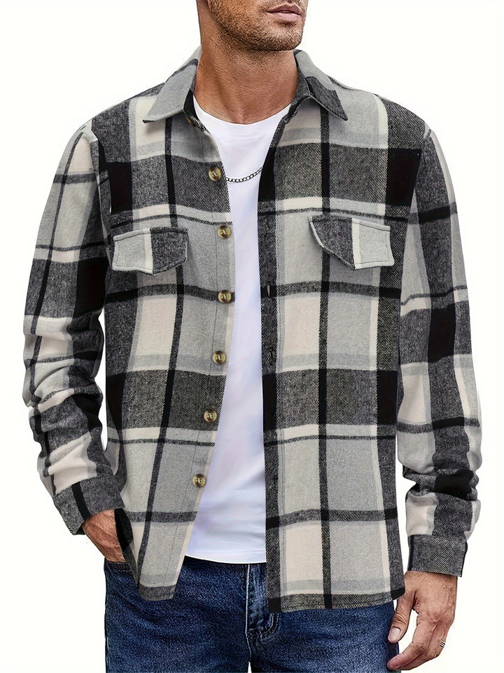 Retro Plaid Pattern Men's Casual Long Sleeve Lapel Shirt Jacket With Pocket Design, Fall Winter Outwear For Men