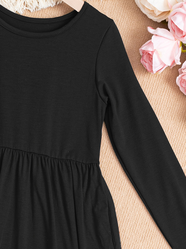 Solid Long Sleeve Pockets Maxi Dress For Girls Comfy Fit Kids Elegant Casual Dresses For Spring/ Fall