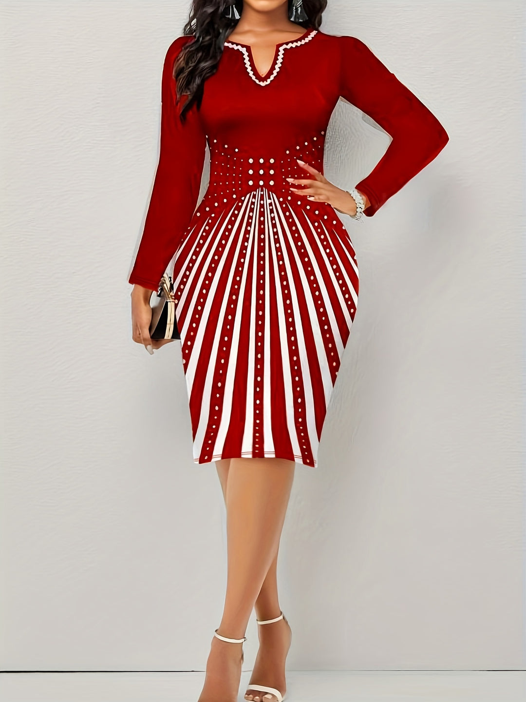Plus Size Elegant Dress, Women's Plus Polka Dot Graphic Long Sleeve Notched Neck Bodycon Dress