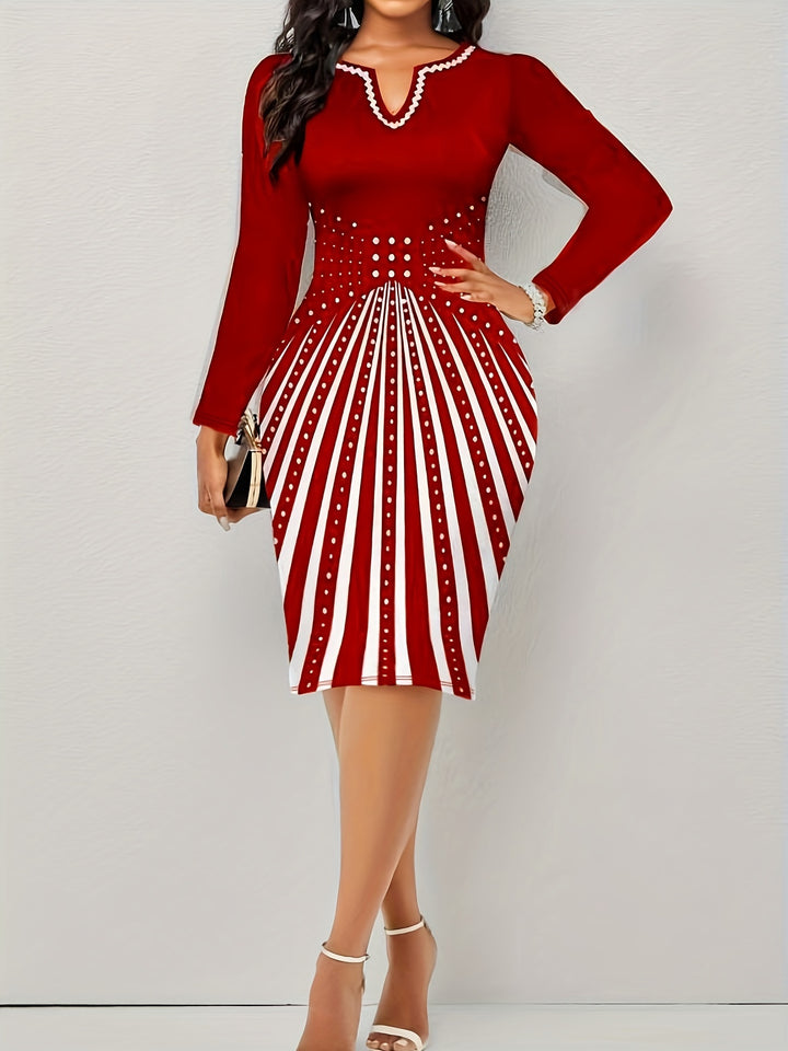 Plus Size Elegant Dress, Women's Plus Polka Dot Graphic Long Sleeve Notched Neck Bodycon Dress