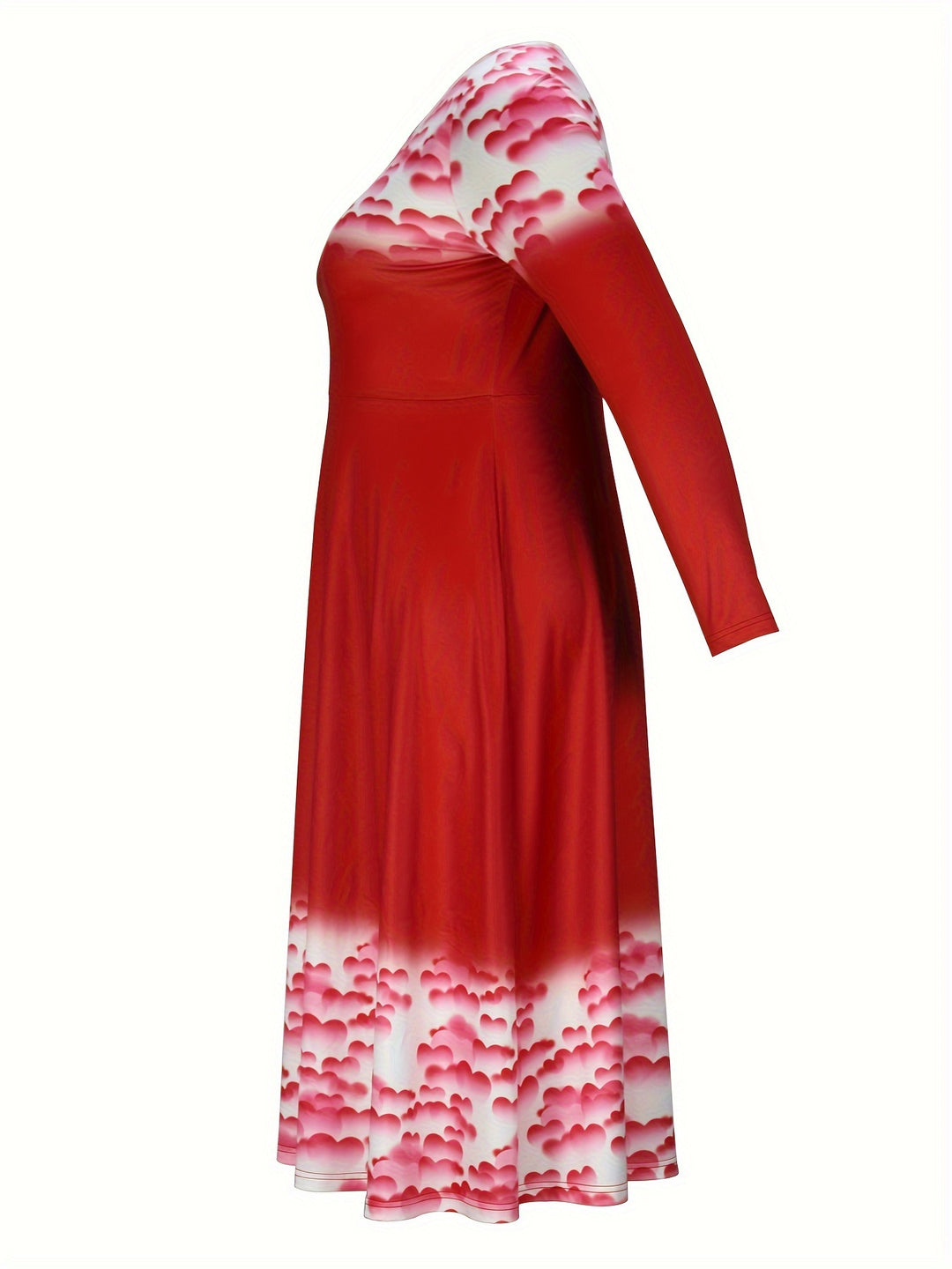 Plus Size Heart Print Dress, Casual V Neck Long Sleeve Dress, Women's Plus Size Clothing