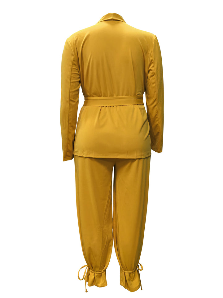 Plus Size Casual Outfits Set, Women's Plus Solid Long Sleeve Cardigan With Belt & Tapered Leg Pants Outfits 2 Piece Set