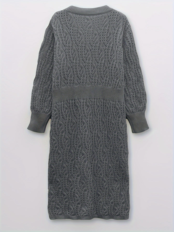 Plus Size Casual Sweater Dress, Women's Plus Solid Eyelet Embroidered Long Sleeve V Neck Midi Sweater Dress