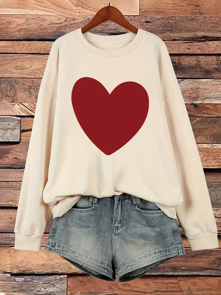 Plus Size Heart Print Sweatshirt, Casual Long Sleeve Crew Neck Pullover Sweatshirt, Women's Plus Size Clothing