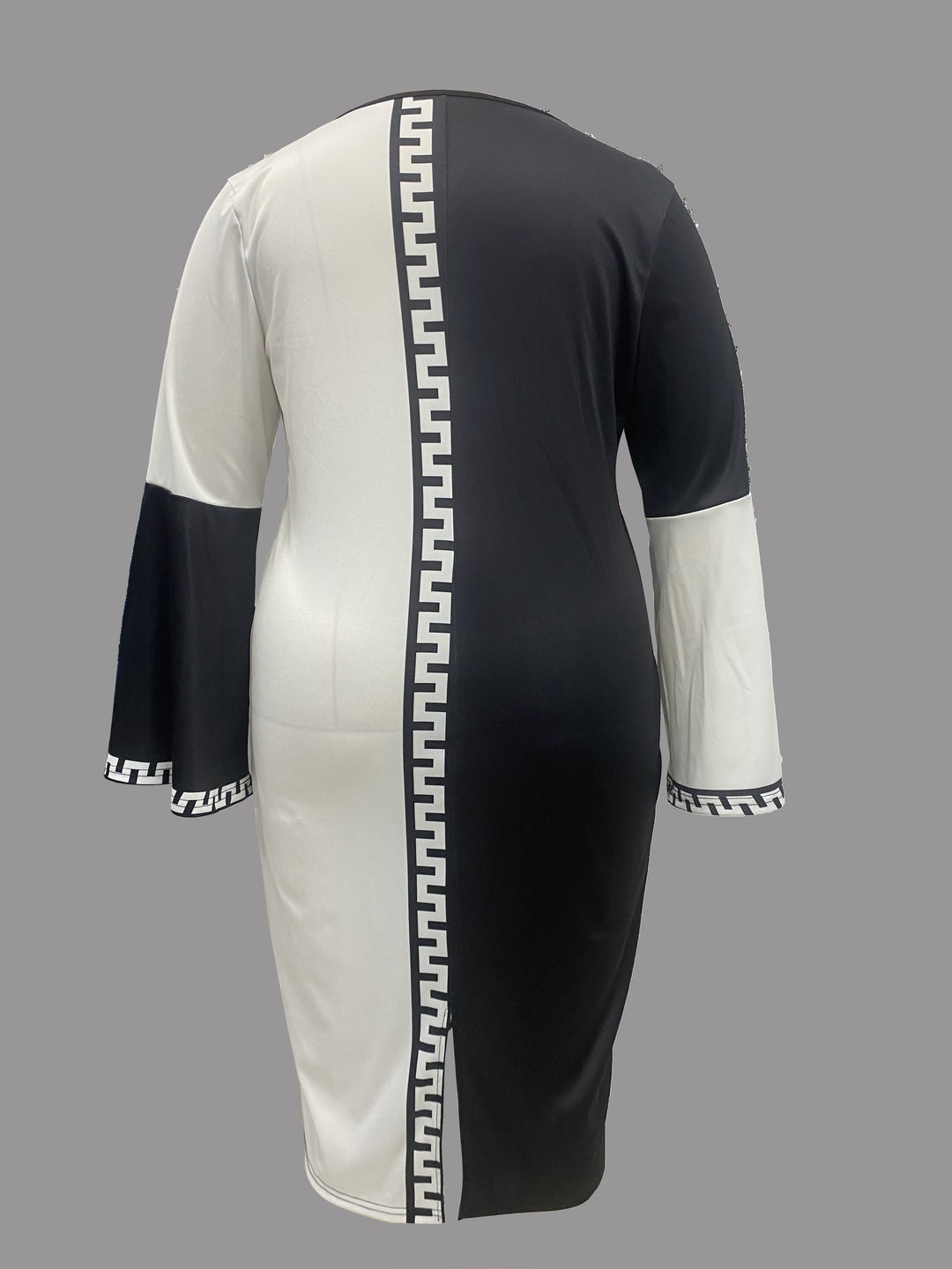 Plus Size Casual Dress, Women's Plus Colorblock Geometric Print Bell Sleeve Round Neck Medium Stretch Slim Fit Dress