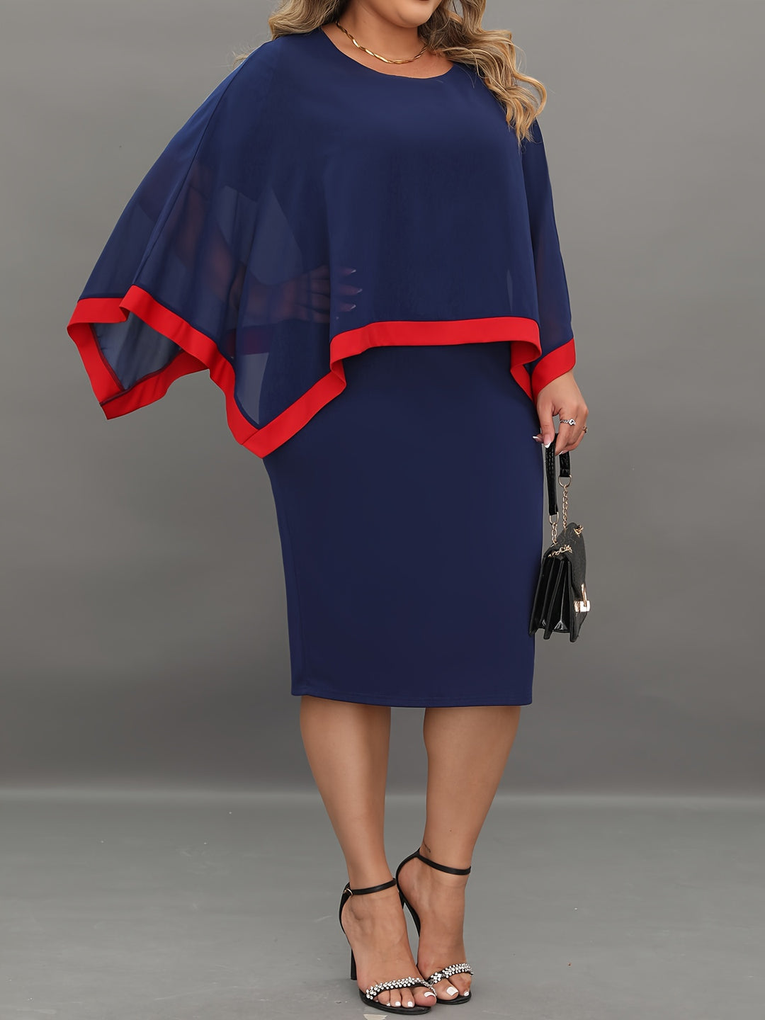 Elegant Plus Size Bodycon Dress with Cape Sleeves and Contrast Trim, Perfect for All Seasons, Women's Plus Size Clothing