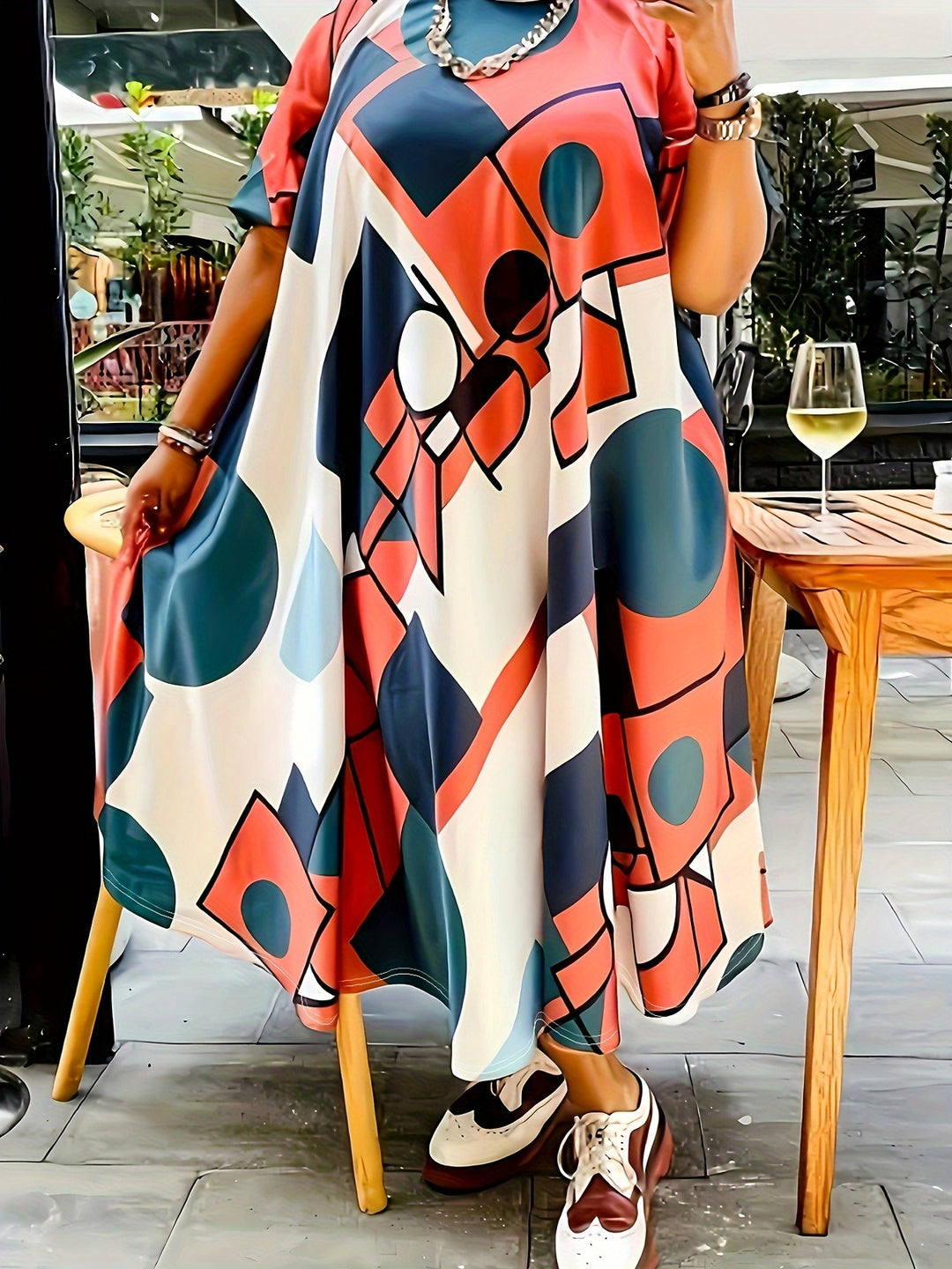 Plus Size Casual Dress, Women's Plus Colorblock Geometric Print Short Sleeve Mock Neck Slight Stretch Maxi Dress