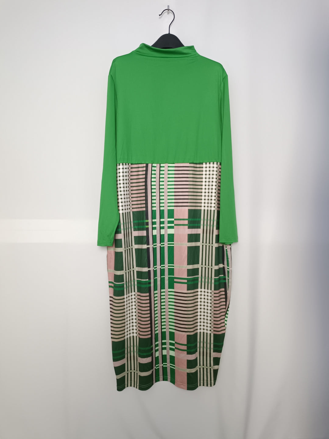 Plus Size Elegant Dress, Women's Plus Colorblock Plaid Print Long Sleeve Mock Neck Bodycon Midi Dress