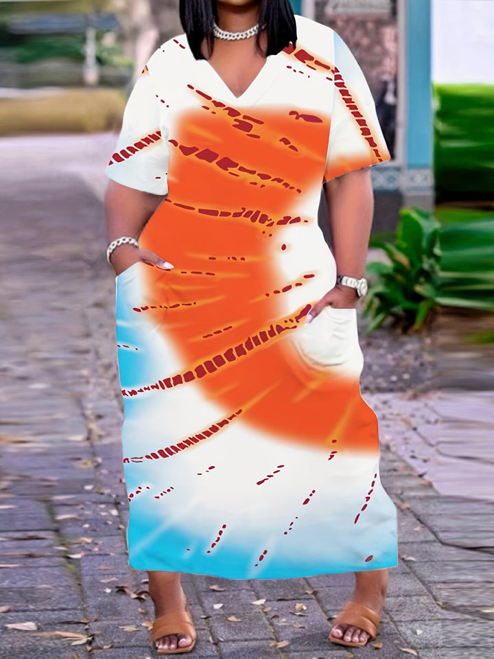 Plus Size Casual Dress, Women's Plus Tie Dye Short Sleeve V Neck Slight Stretch Maxi Dress With Pockets