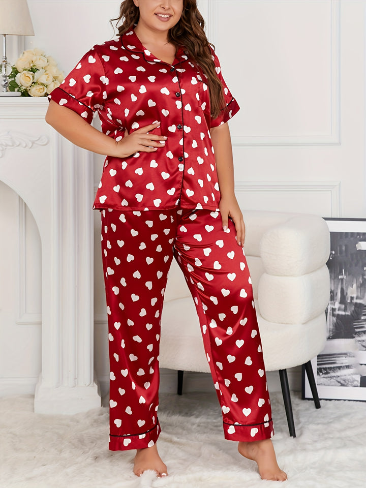 Women's Valentine's Day Elegant Pajamas Set, Plus Size Heart Print Short Sleeve Button Up Satin Shirt & Pants Lounge 2 Piece Set