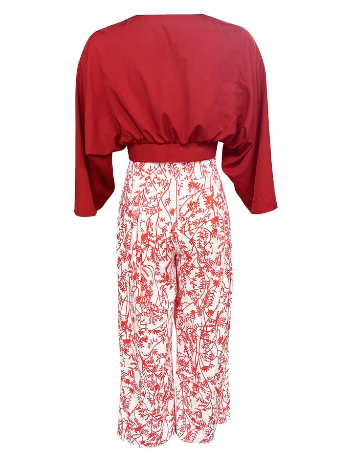 Casual Two-piece Set, Solid Surplice Neck Tops & Floral Print Wide Leg Pants Outfits, Women's Clothing