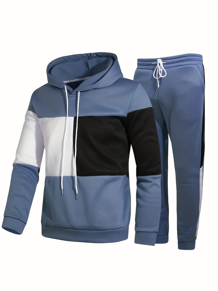 Color Block Men's 2Pcs Outfits, Casual Hoodies Long Sleeve Pullover Hooded Sweatshirt And Sweatpants Joggers Set For Spring Fall, Men's Clothing