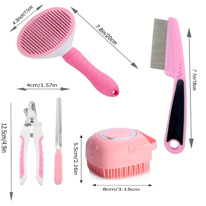 5 Pack Pet Grooming Set - Hair Removal Comb For Dog, Flea Comb, Dog Shampoo Brush, Pet Nail Clippers Set