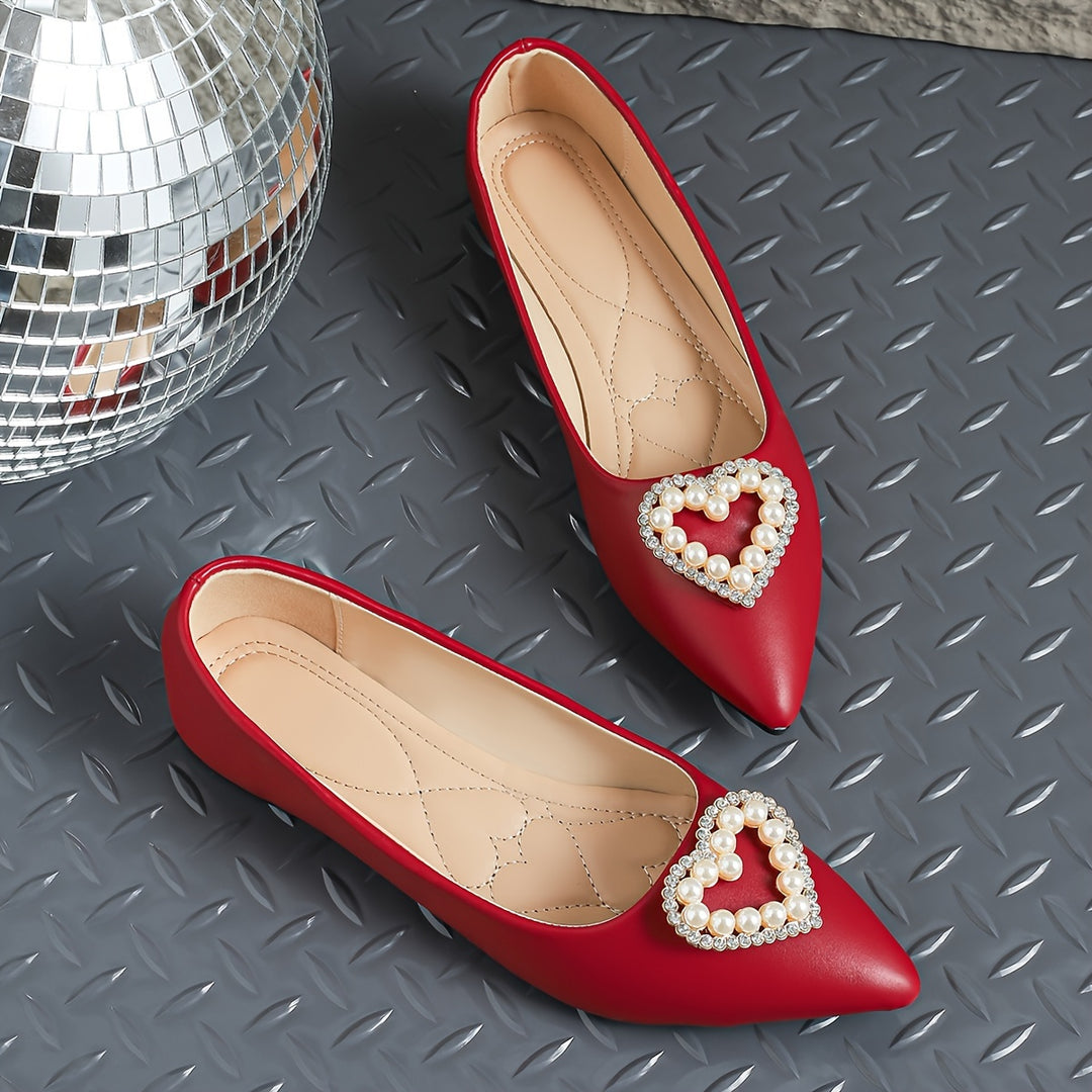 Women's Heart Decor Flat Shoes, Elegant Point Toe Slip On Shoes, Lightweight & Comfortable Valentine's Day Shoes