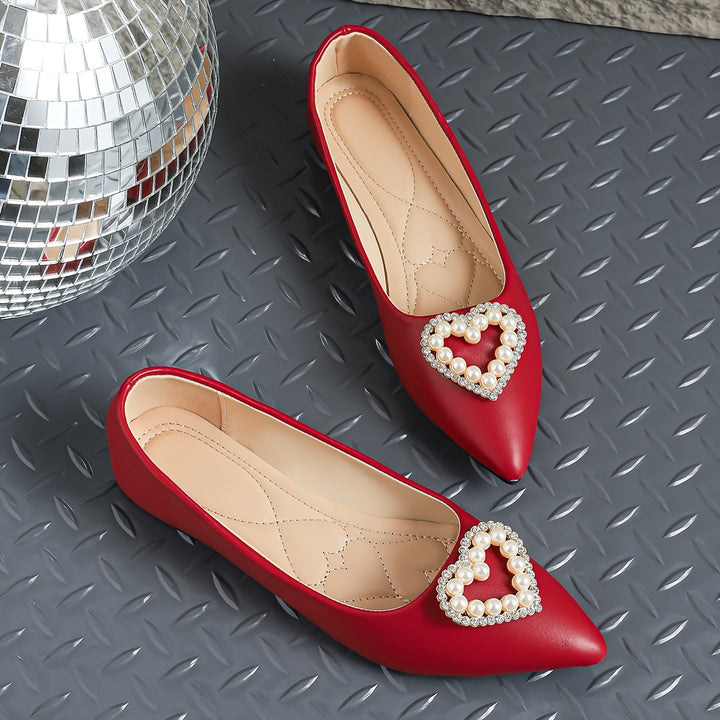 Women's Heart Decor Flat Shoes, Elegant Point Toe Slip On Shoes, Lightweight & Comfortable Valentine's Day Shoes