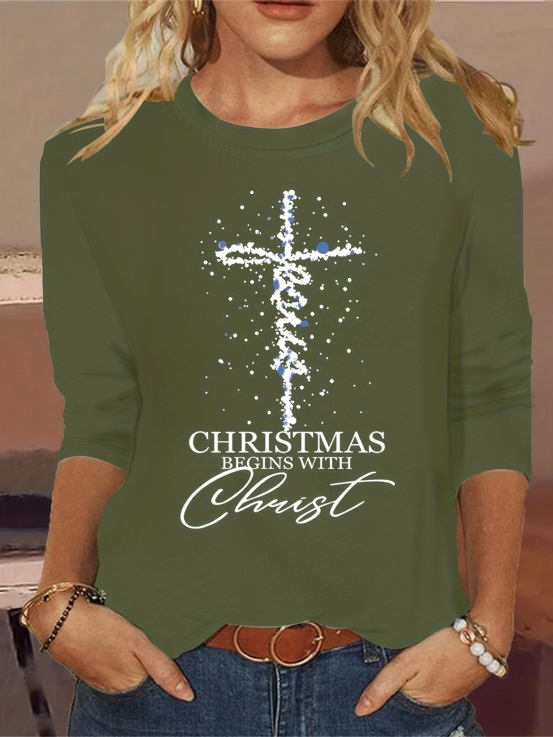 Letter Cross Print Crew Neck T-Shirt, Casual Long Sleeve Top For Spring & Fall, Women's Clothing