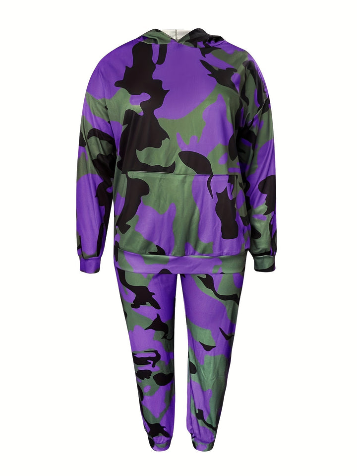 Plus Size Casual Outfits Set, Women's Plus Camo Print Long Sleeve Slight Stretch Hoodie & Joggers Outfits Two Piece Set