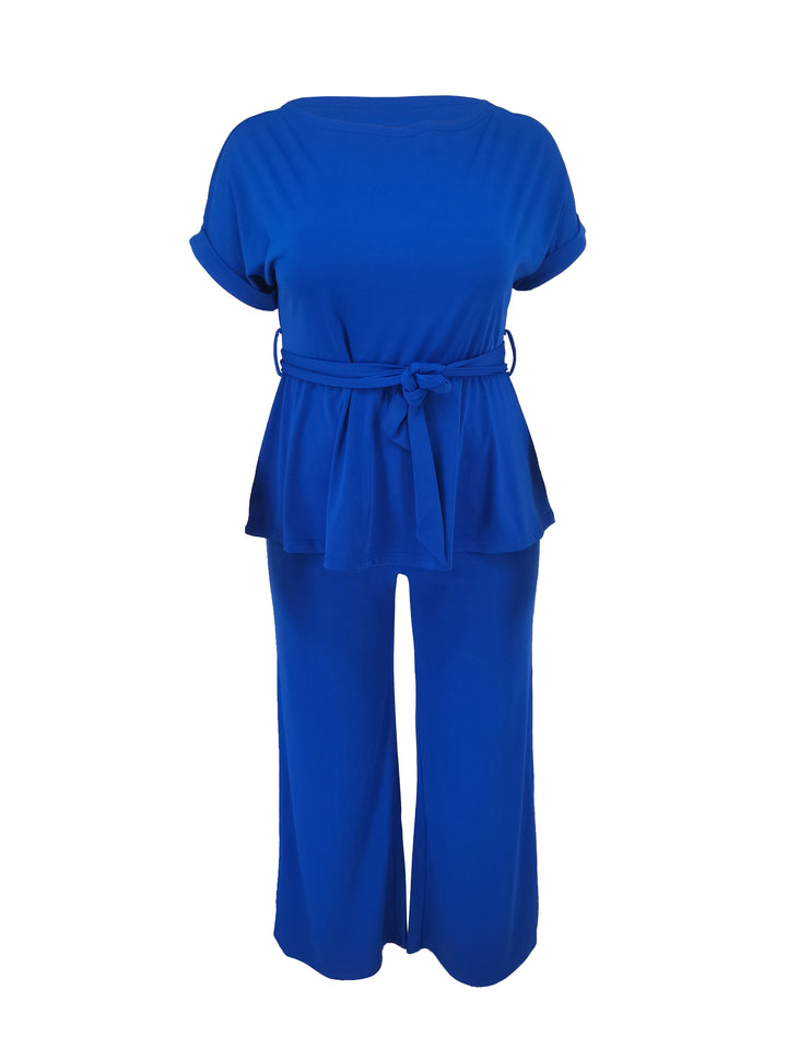 Plus Size Elegant Outfits Set, Women's Plus Solid Short Sleeve Round Neck Belted Top & Pants Outfits 2 Piece Set