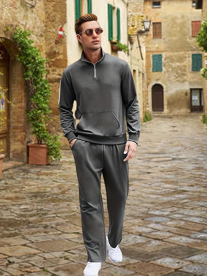 Plus Size Men's Band Collar Sweatshirt & Sweatpants Set For Autumn/winter, Men's Clothing
