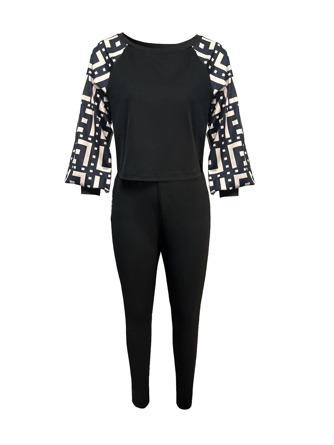 Graphic Print Splicing Two-piece Set, Crew Neck Long Sleeve Tops & Slim Long Length Leggings Outfits, Women's Clothing