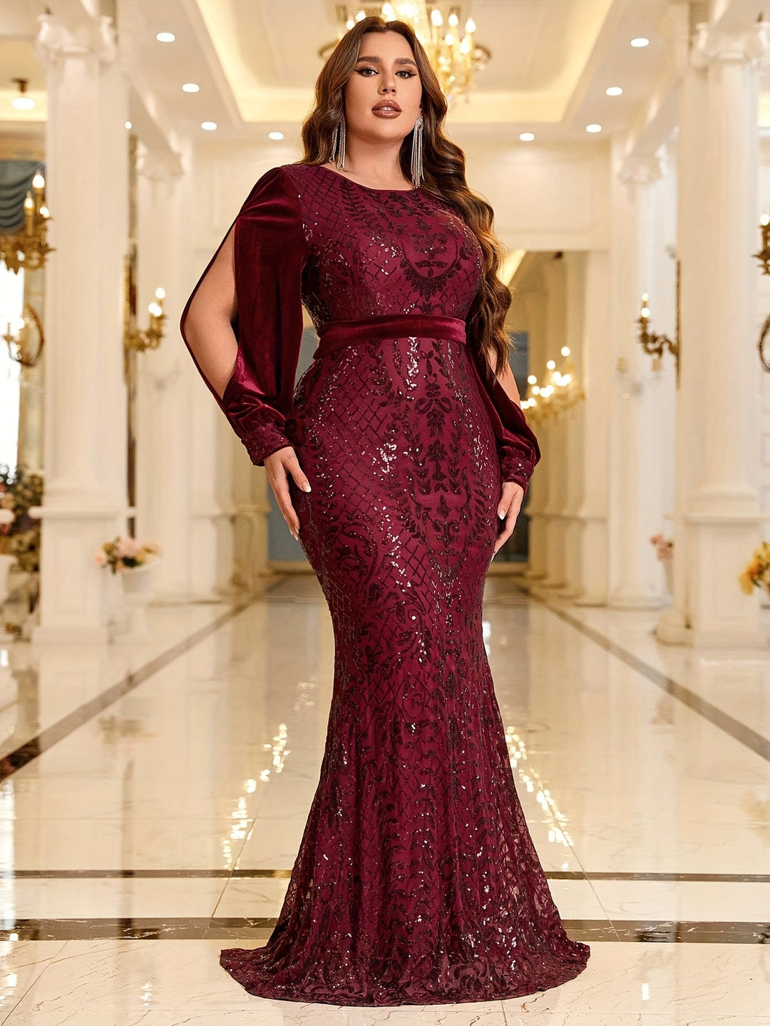 Plus Size Floral Pattern Mother Of The Bride Dress, Elegant Split Sleeve Brush Train Gown For Wedding Party, Women's Plus Size Clothing