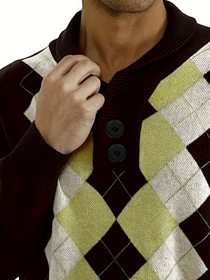 Retro All Match Knitted Argyle Sweater, Men's Casual Warm Middle Stretch Shawl Collar Pullover Sweater For Men Fall Winter