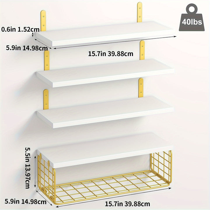 4 + 1 Layer Bathroom Shelf, Floating Shelf With Simple Wooden Wall-mounted Shelf, Toilet With Metal Wire Storage Basket Above, Kitchen, Living Room And Plant Farmhouse Wall Decoration