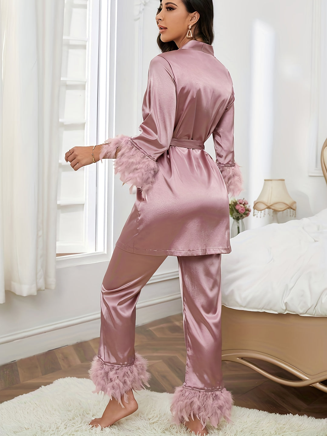 Feather Trim Satin Pajama Set, Long Sleeve Robe With Belt & Elastic Waistband Pants, Women's Sleepwear & Loungewear