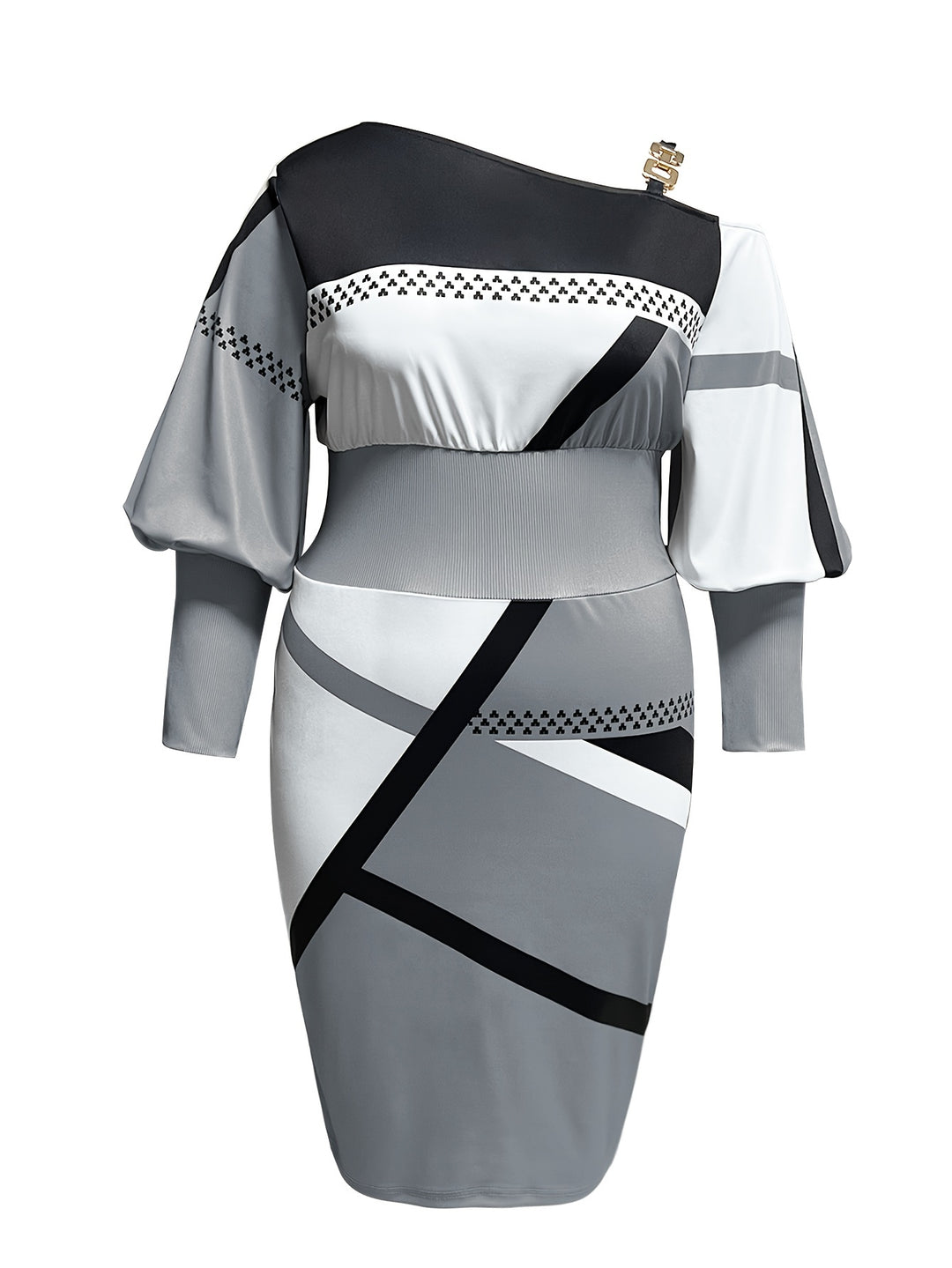 Stylish Plus Size Colorblock Dress with Chain Detail and Cold Shoulder Design, Perfect for Any Season, Women's Plus Size Clothing