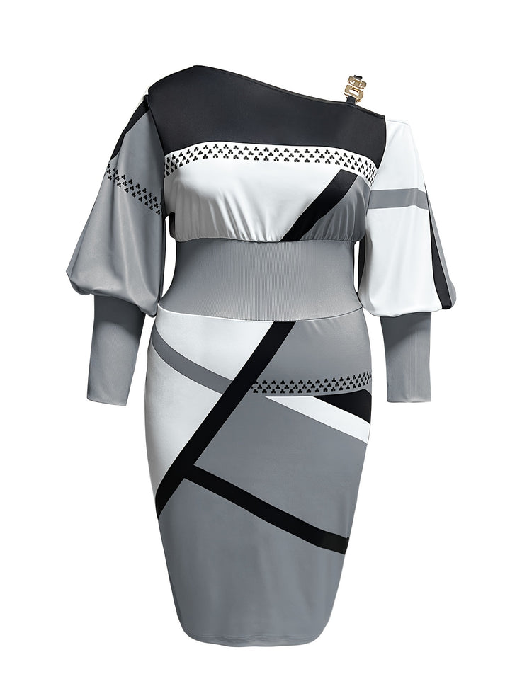 Stylish Plus Size Colorblock Dress with Chain Detail and Cold Shoulder Design, Perfect for Any Season, Women's Plus Size Clothing