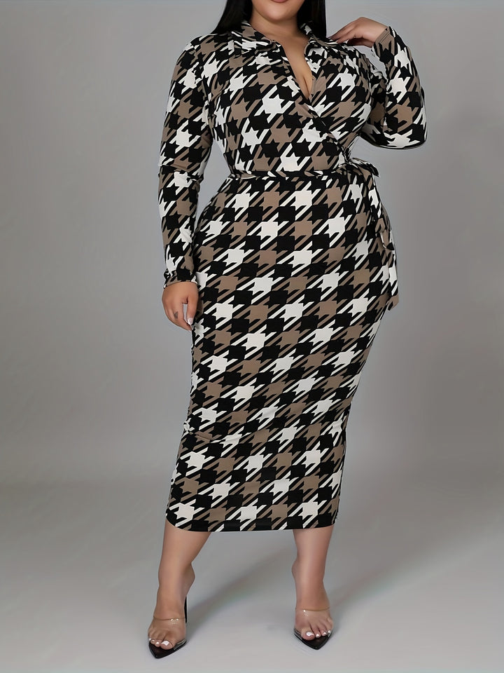 Plus Size Houndstooth Print Dress, Casual Collared Long Sleeve Belted Dress, Women's Plus Size Clothing