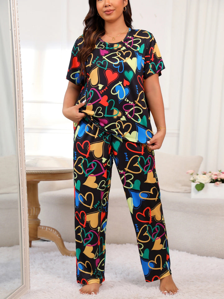 Plus Size Casual Pajamas Set, Women's Plus Colorful Heart Print Short Sleeve Round Neck Tee & Pants Lounge Two Piece Set