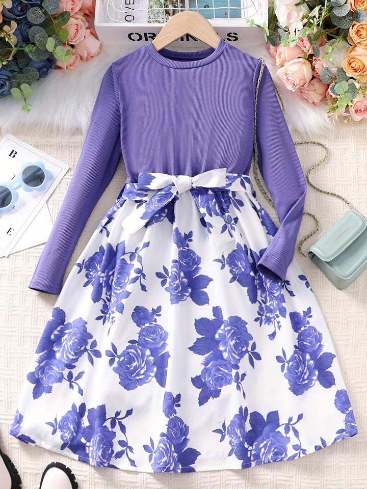 Girls Long Sleeves Round Neck Flowers Splicing Belted Dress For Party Kids Spring Clothes